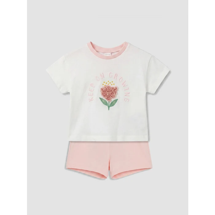 LCW baby Ekru Çiçek Aplike Kız Bebek Şortlu Takım