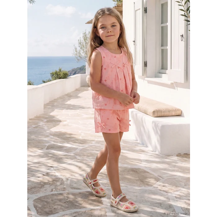 LCW Kids Pembe Fiyonk Nakışlı Kız Çocuk Şortlu Takım