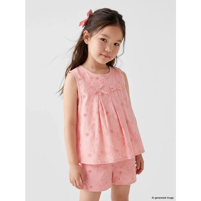 LCW Kids Pembe Fiyonk Nakışlı Kız Çocuk Şortlu Takım