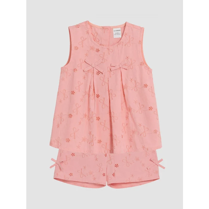 LCW Kids Pembe Fiyonk Nakışlı Kız Çocuk Şortlu Takım