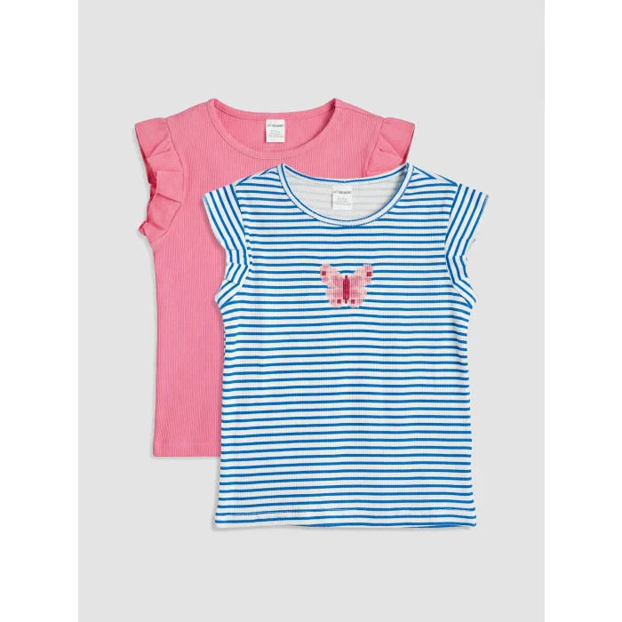 LCW Kids Lacivert Bisiklet Yaka Nakışlı Kız Çocuk Atlet 2li