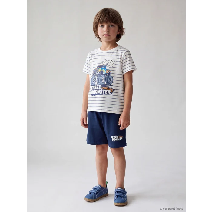 LCW Kids Ekru Bisiklet Yaka Erkek Çocuk Şortlu Pijama Takımı