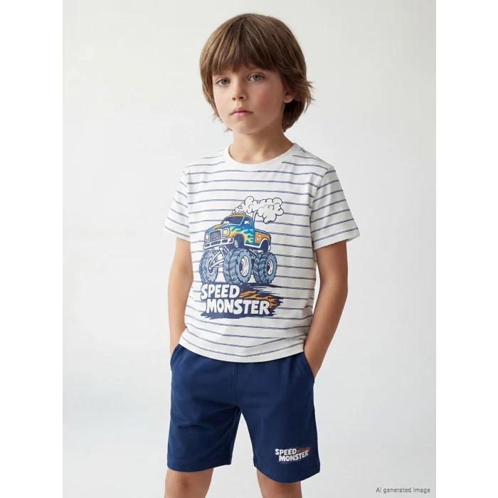LCW Kids Ekru Bisiklet Yaka Erkek Çocuk Şortlu Pijama Takımı