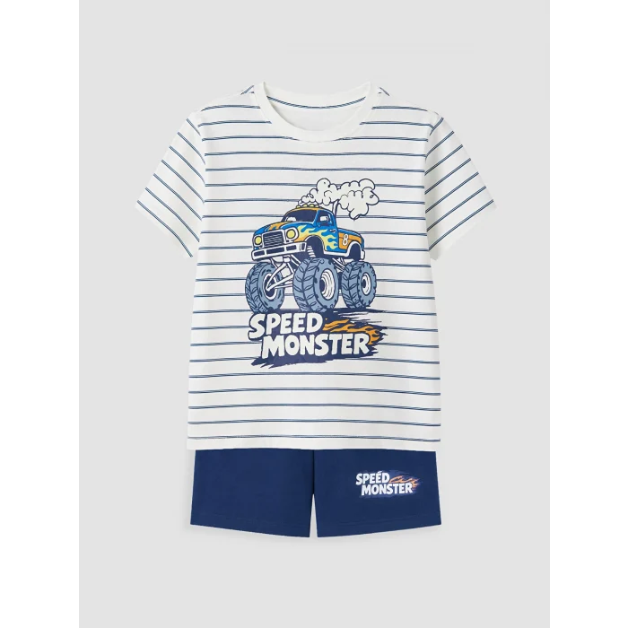 LCW Kids Ekru Bisiklet Yaka Erkek Çocuk Şortlu Pijama Takımı