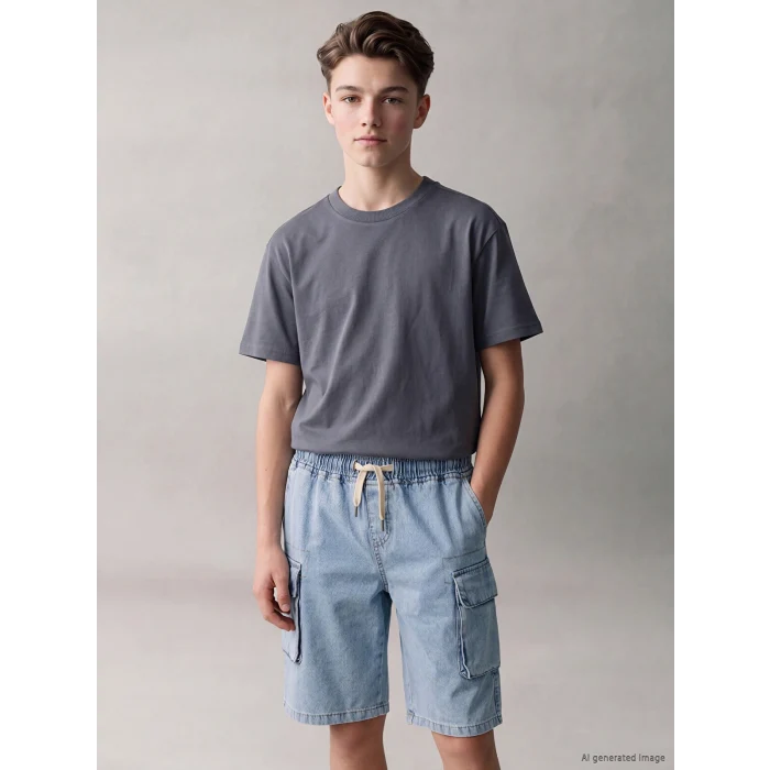 LCW Kids İndigo Beli Lastikli Erkek Çocuk Kargo Jean Şort