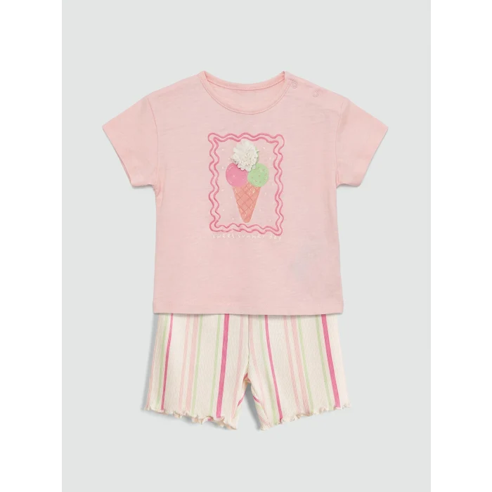 LCW baby Pembe Baskılı Kız Bebek Şortlu Takım