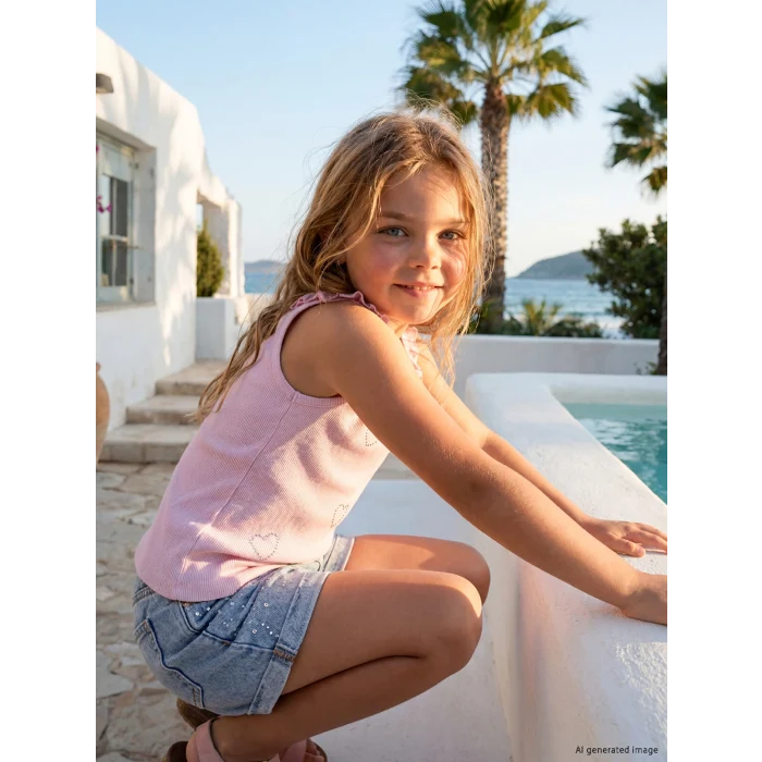 LCW Kids İndigo Taş İşlemeli Kız Çocuk Jean Şort