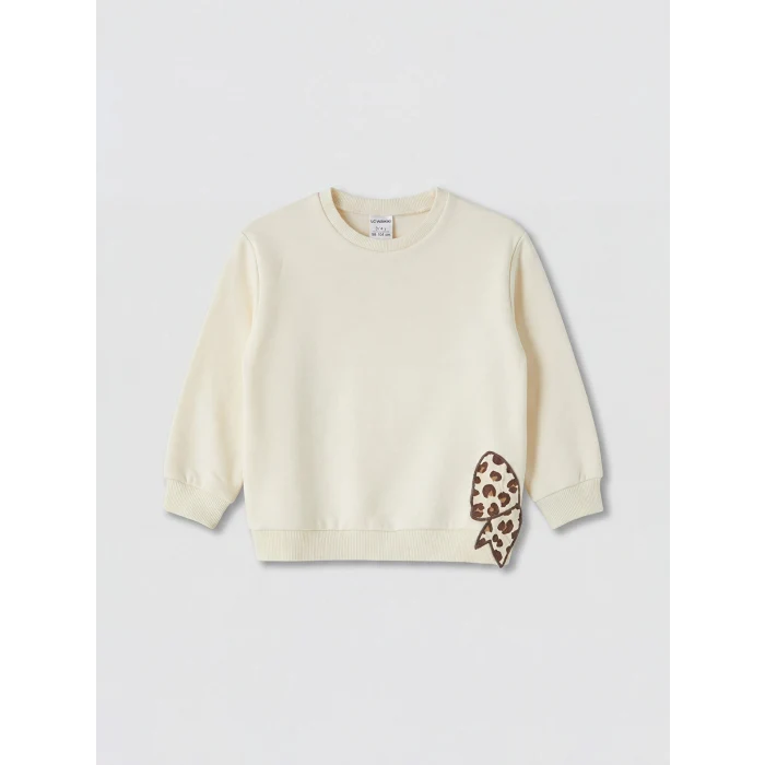 LCW baby Ekru Bisiklet Yaka Nakışlı Kız Bebek Sweatshirt