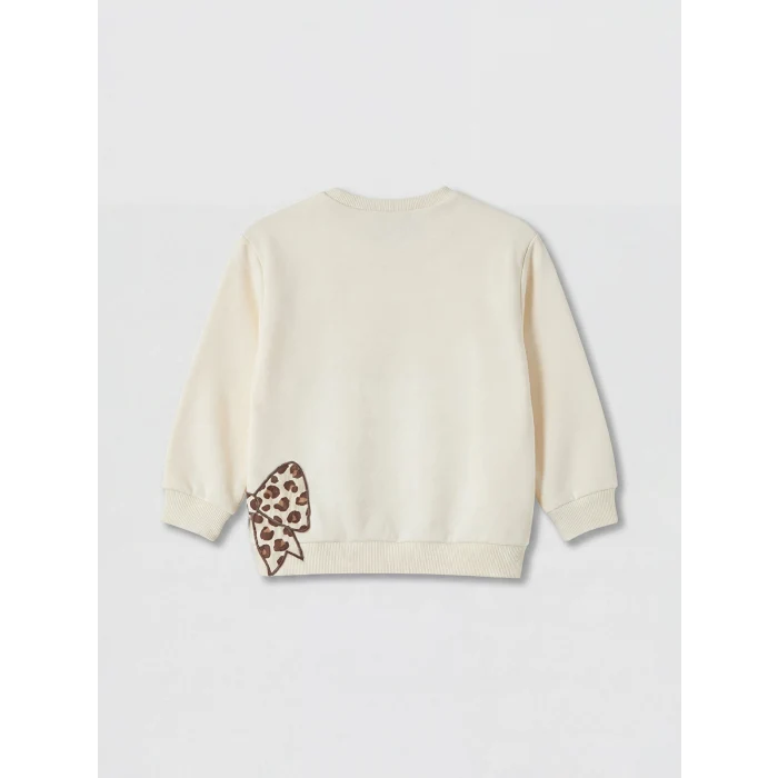 LCW baby Ekru Bisiklet Yaka Nakışlı Kız Bebek Sweatshirt