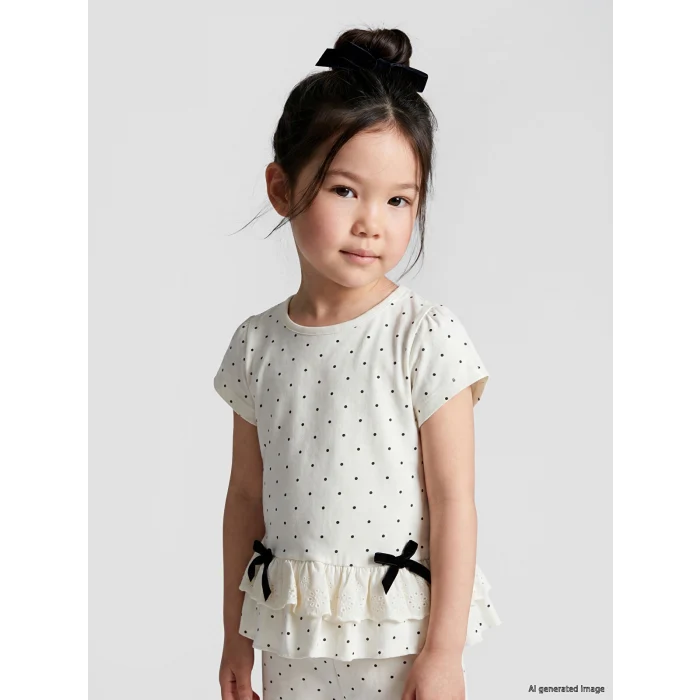 LCW Kids Ekru Puantiyeli Fırfırlı Kız Çocuk Tişört