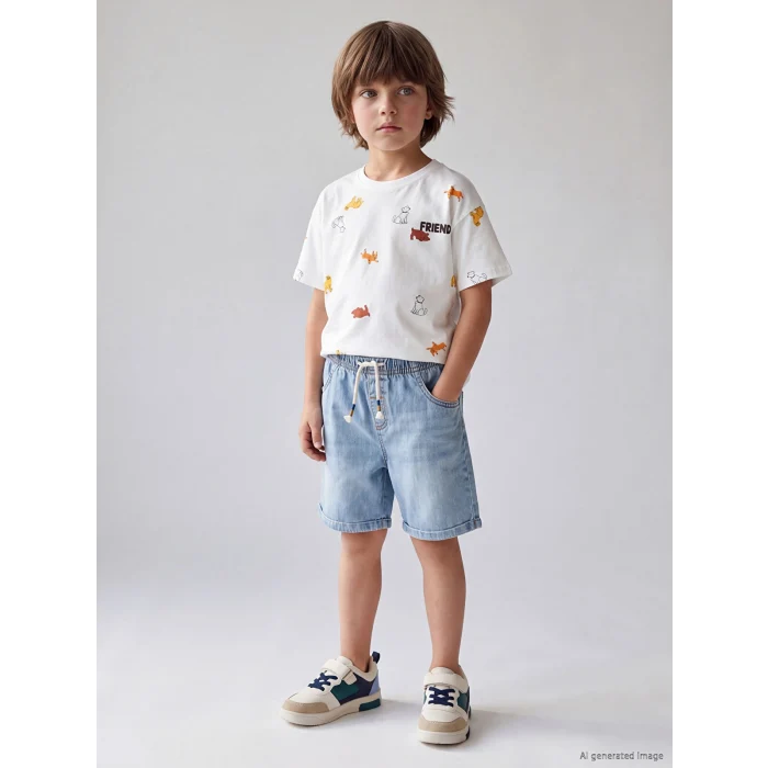 LCW Kids Beyaz Bisiklet Yaka Baskılı Erkek Çocuk Tişört