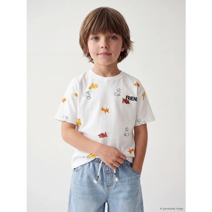 LCW Kids Beyaz Bisiklet Yaka Baskılı Erkek Çocuk Tişört
