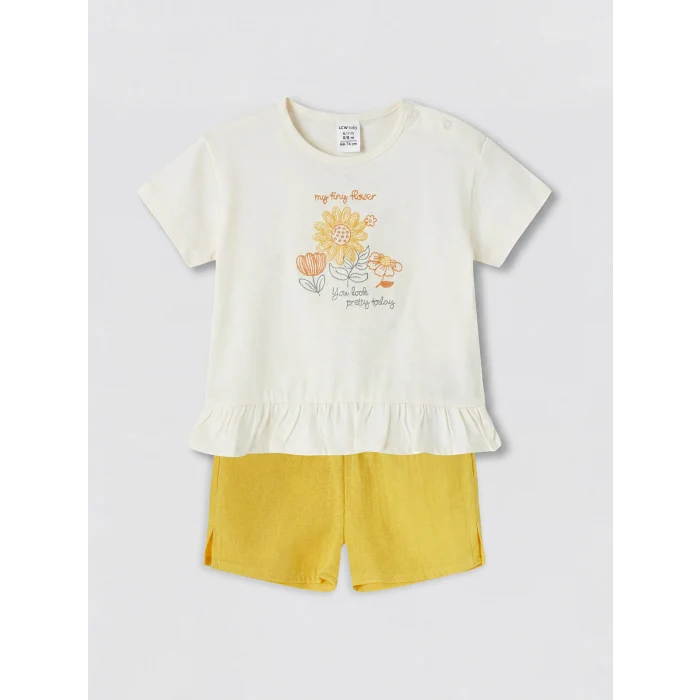 LCW baby Ekru Çiçek Nakışlı Kız Bebek Takım