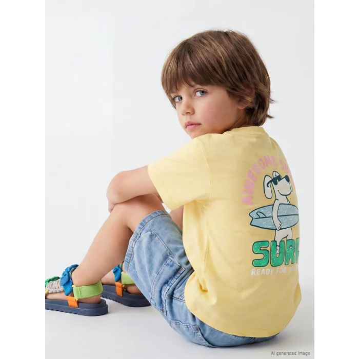 LCW Kids Sarı Bisiklet Yaka Baskılı Erkek Çocuk Tişört