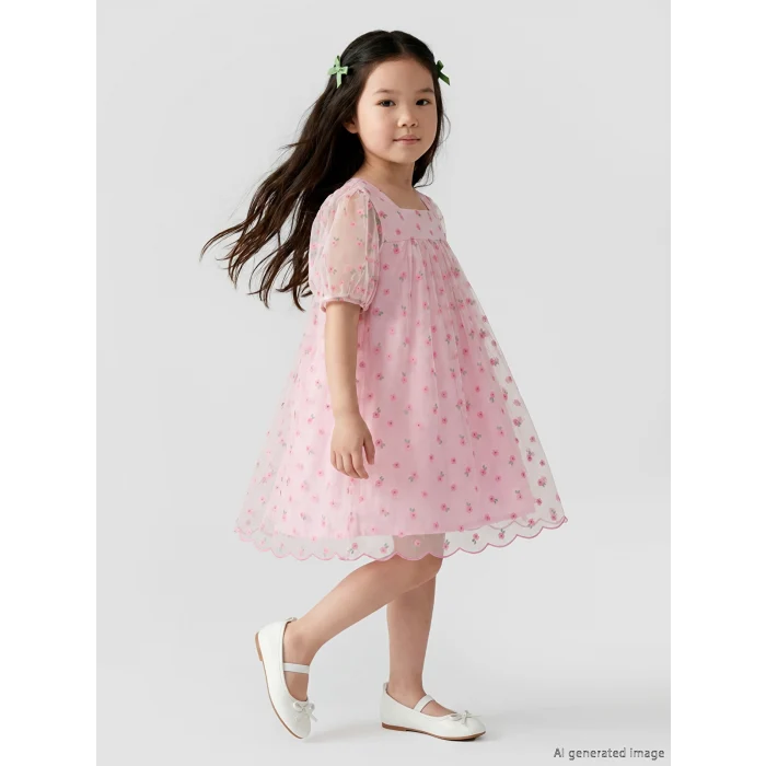 LCW Kids Pembe Kare Yaka Çiçekli Kız Çocuk Tül Elbise