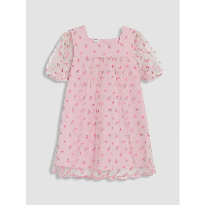 LCW Kids Pembe Kare Yaka Çiçekli Kız Çocuk Tül Elbise