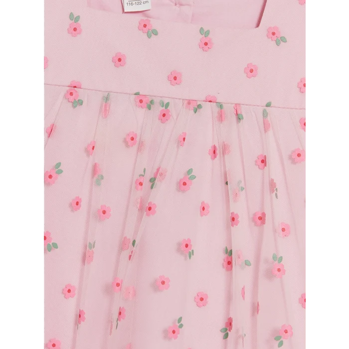 LCW Kids Pembe Kare Yaka Çiçekli Kız Çocuk Tül Elbise