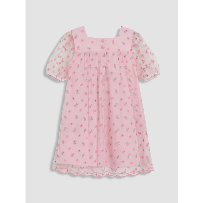 LCW Kids Pembe Kare Yaka Çiçekli Kız Çocuk Tül Elbise