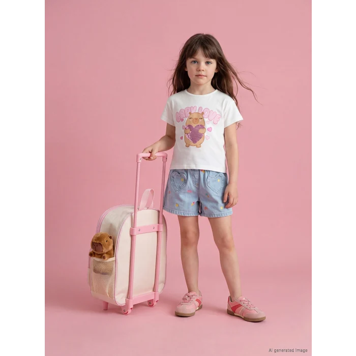 LCW Kids Mavi Beli Lastikli Nakışlı Kız Çocuk Jean Şort