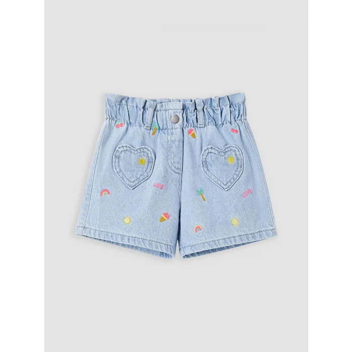 LCW Kids Mavi Beli Lastikli Nakışlı Kız Çocuk Jean Şort