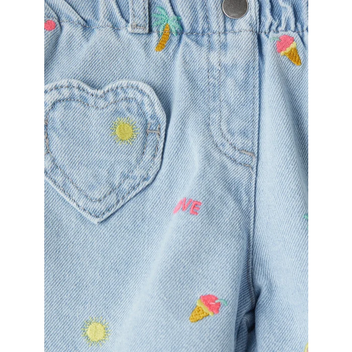 LCW Kids Mavi Beli Lastikli Nakışlı Kız Çocuk Jean Şort