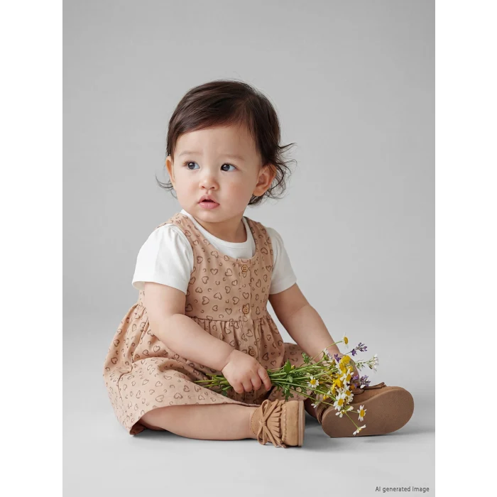 LCW baby Bej Kalp Desenli Kız Bebek Elbise ve Tişört