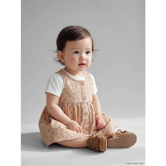 LCW baby Bej Kalp Desenli Kız Bebek Elbise ve Tişört