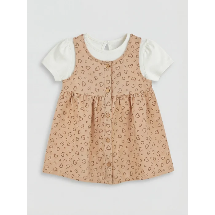 LCW baby Bej Kalp Desenli Kız Bebek Elbise ve Tişört