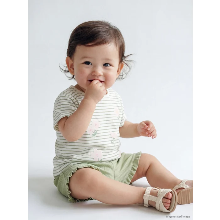 LCW baby Ekru Çiçek Baskılı ve Çizgili Kız Bebek Takım