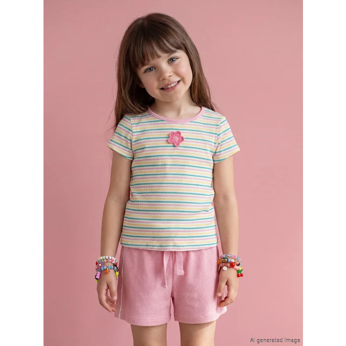LCW Kids Ekru Bisiklet Yaka Çizgili Kız Çocuk Fitilli Tişört