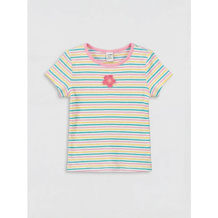 LCW Kids Ekru Bisiklet Yaka Çizgili Kız Çocuk Fitilli Tişört