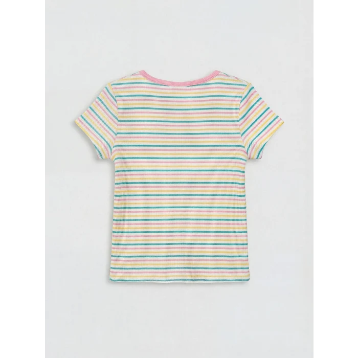 LCW Kids Ekru Bisiklet Yaka Çizgili Kız Çocuk Fitilli Tişört