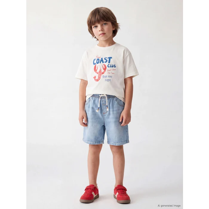 LCW Kids Beyaz Bisiklet Yaka Baskılı Erkek Çocuk Tişört