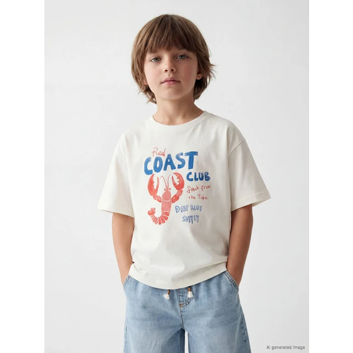 LCW Kids Beyaz Bisiklet Yaka Baskılı Erkek Çocuk Tişört