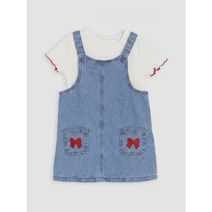 LCW baby Mavi Fiyonklu Kız Bebek Jean Salopet Elbise