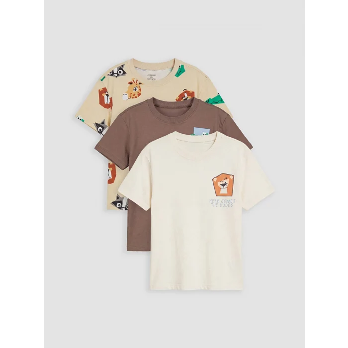 LCW Kids Bej Bisiklet Yaka Baskılı Erkek Çocuk Tişört 3lü