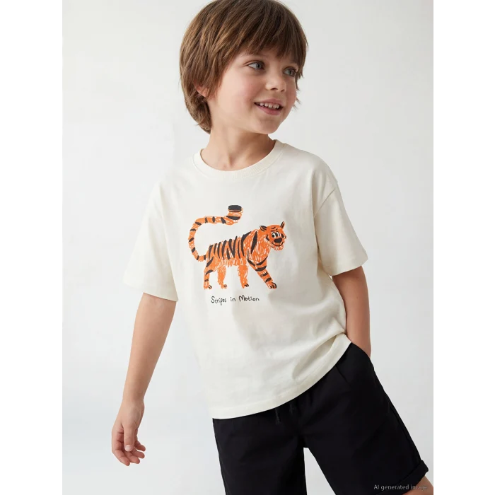 LCW Kids Bej Bisiklet Yaka Baskılı Erkek Çocuk Tişört