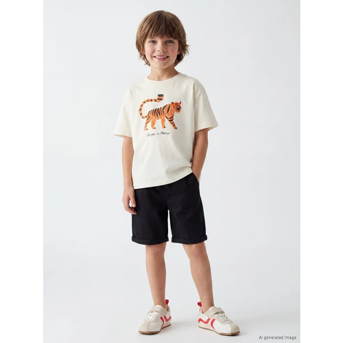 LCW Kids Bej Bisiklet Yaka Baskılı Erkek Çocuk Tişört
