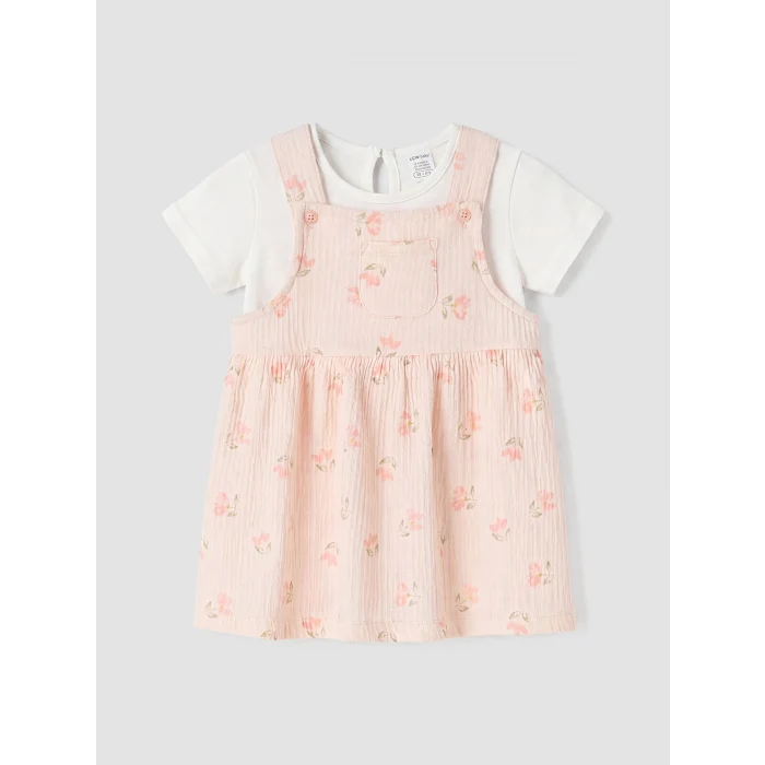 LCW baby Pembe Çiçek Desenli Kız Bebek Gabardin Elbise