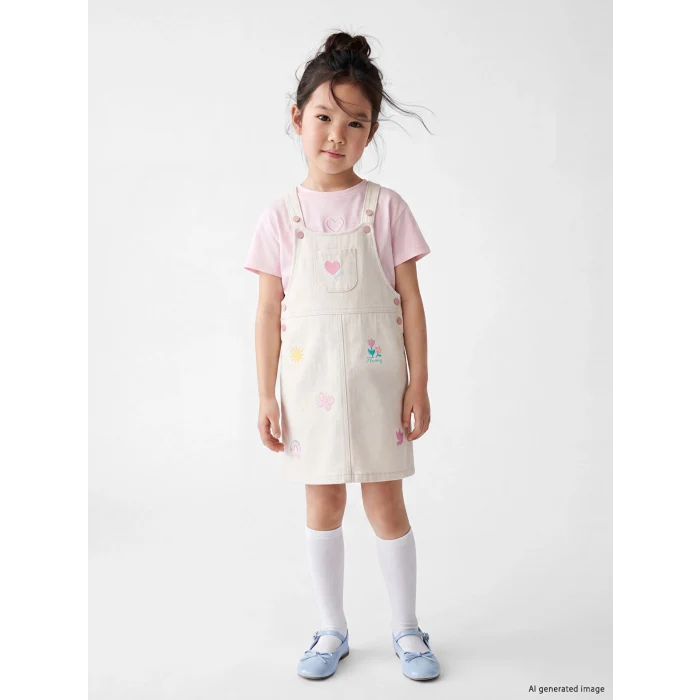 LCW Kids Ekru Nakışlı Kız Çocuk Jean Salopet Elbise
