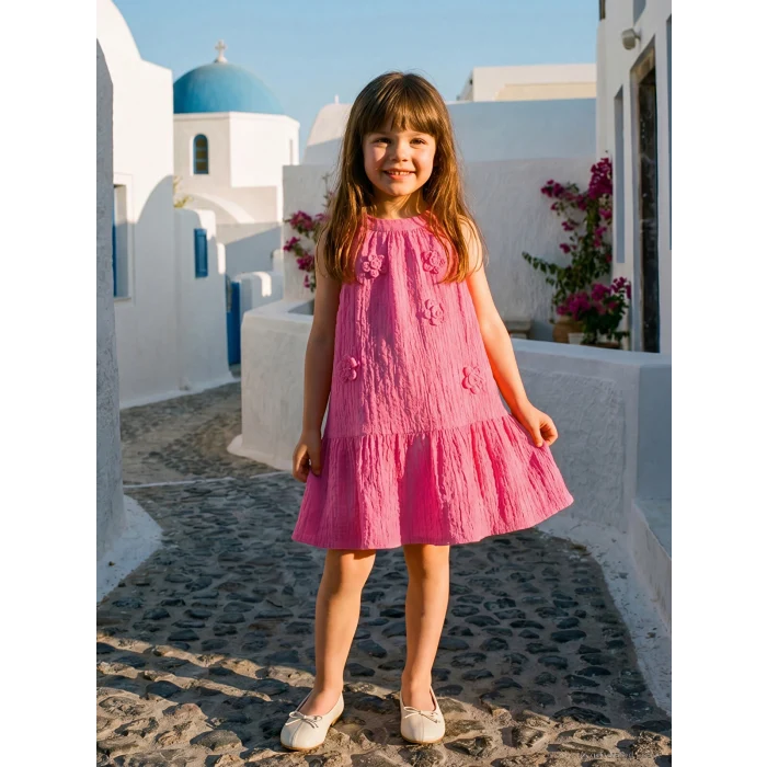 LCW Kids Pembe Çiçek Nakışlı Kız Çocuk Krinkle Elbise