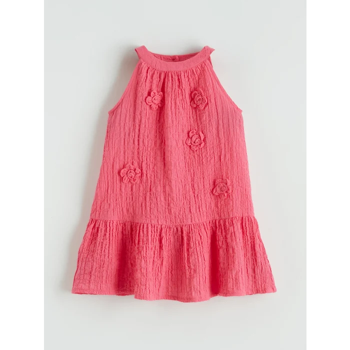 LCW Kids Pembe Çiçek Nakışlı Kız Çocuk Krinkle Elbise