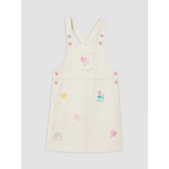 LCW Kids Ekru Nakışlı Kız Çocuk Jean Salopet Elbise