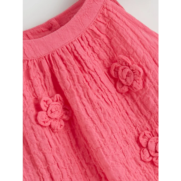 LCW Kids Pembe Çiçek Nakışlı Kız Çocuk Krinkle Elbise