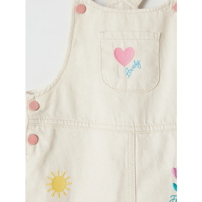 LCW Kids Ekru Nakışlı Kız Çocuk Jean Salopet Elbise