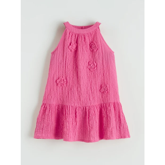 LCW Kids Pembe Çiçek Nakışlı Kız Çocuk Krinkle Elbise