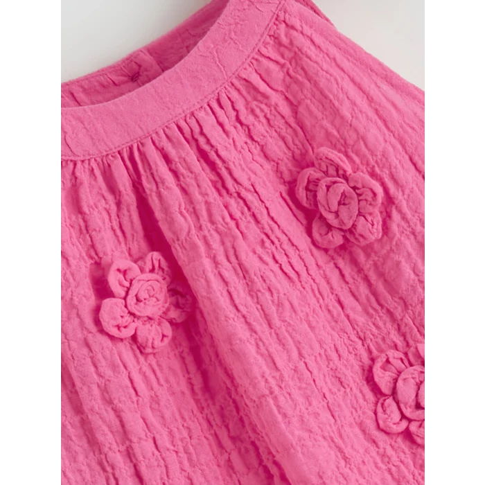 LCW Kids Pembe Çiçek Nakışlı Kız Çocuk Krinkle Elbise