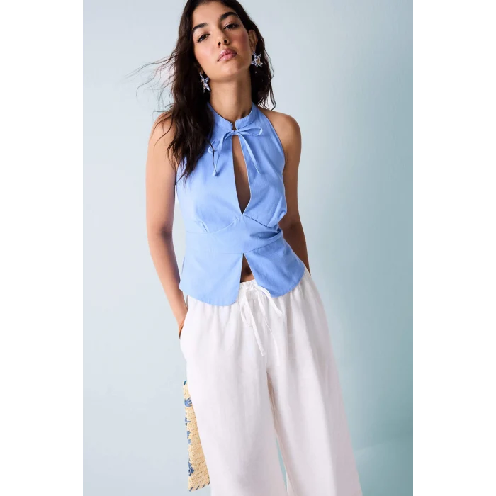 Defacto H9073AXBE60 Mavi %100 Pamuk Fıtted Halter Yaka Kolsuz Mavi Bluz