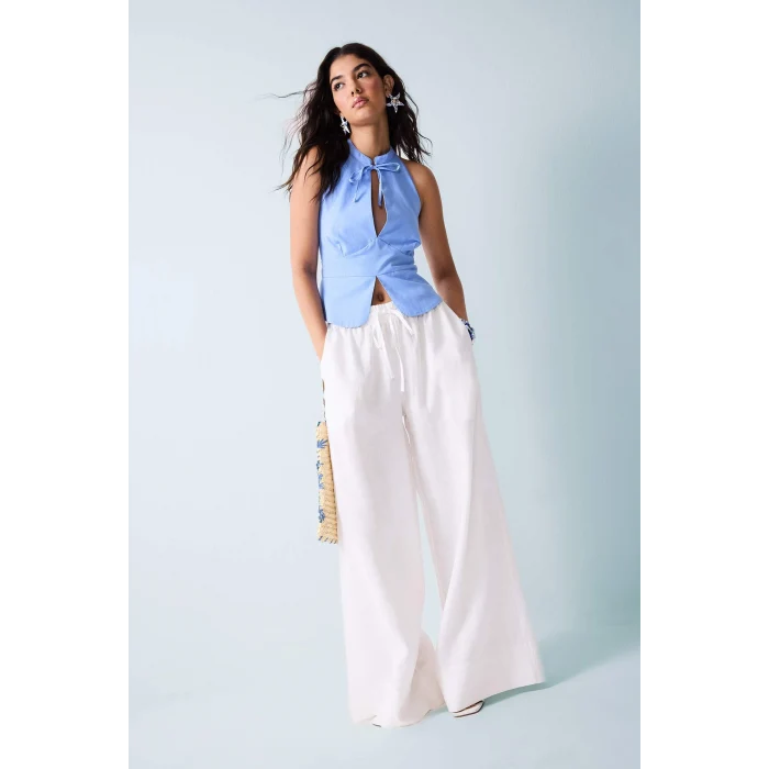Defacto H9073AXBE60 Mavi %100 Pamuk Fıtted Halter Yaka Kolsuz Mavi Bluz