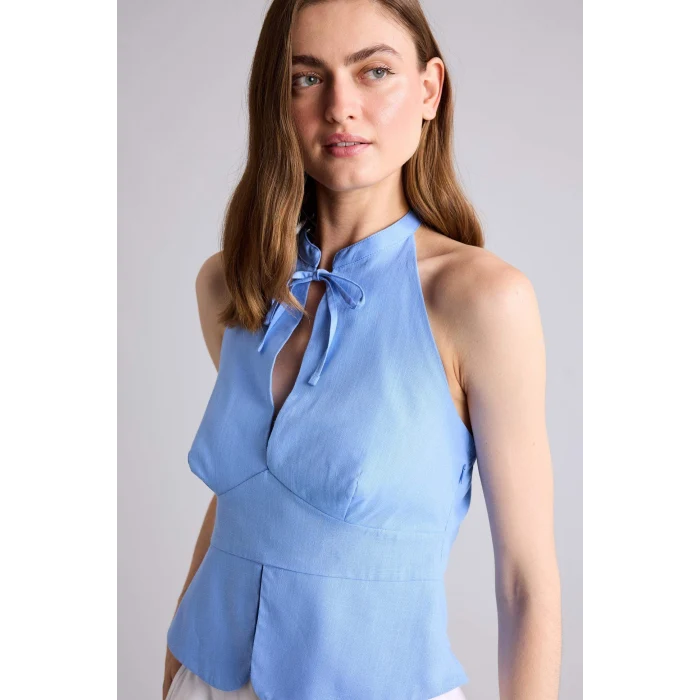Defacto H9073AXBE60 Mavi %100 Pamuk Fıtted Halter Yaka Kolsuz Mavi Bluz